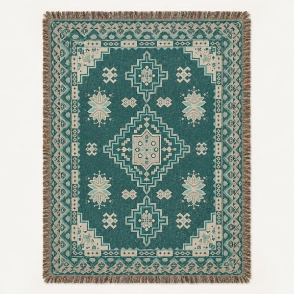 Geometric Medallion Woven Cotton Throw Blanket with Fringe – Teal Boho Aztec Pattern, 3 Sizes