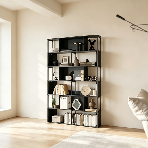 Geometric Metal Bookcase Room Divider, 6-Tier Tall Standing Display Shelving Unit Equipped with Anti-Tip Kit Indoor Living Room Storage Furniture