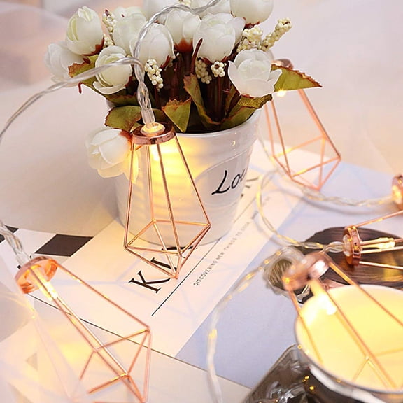 Geometric Metal Lights- 3M 20 LEDs Diamond Fairy String Lights Battery Powered Rose Gold Geometric Led Fairy Lights For Bedroom-Wedding.