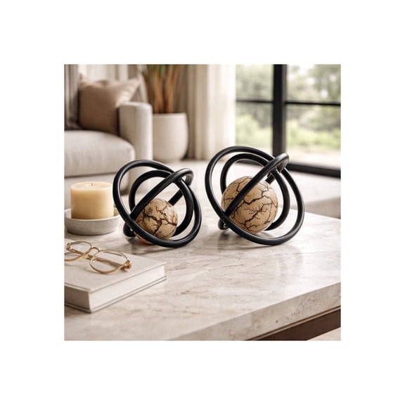 Geometric Metal Orbs for Home Decor Accent - Contemporary Wood Sculpture for Bathroom, Office, Shelf, and Living Room Display- Ornament Item for Coffee Table Piece - Set of 2, 8", 7", Bronze & Copper