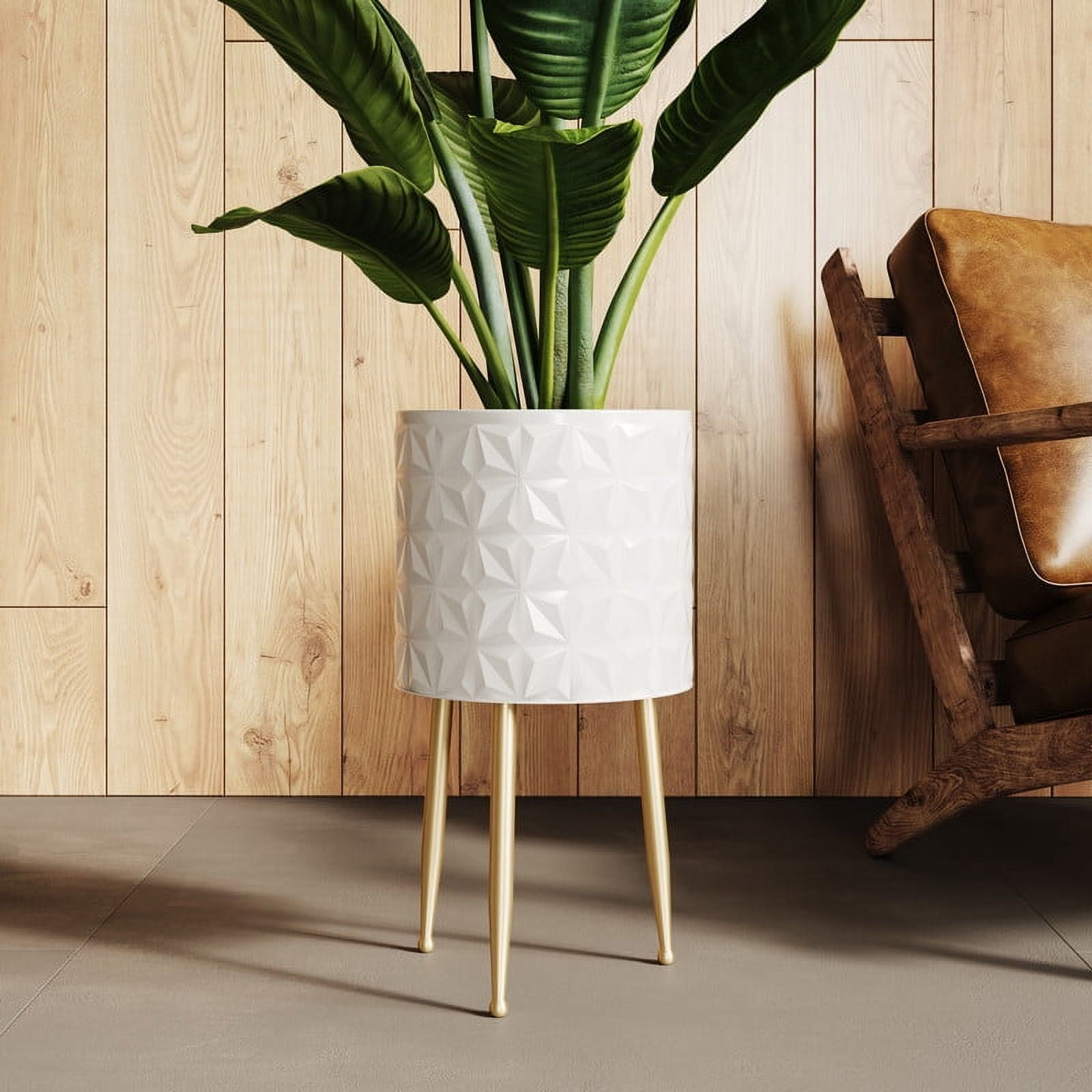 Geometric Metal Planter Pot With 3-Leg Gold Metal Base - White - 15.75"H x 8.5"W