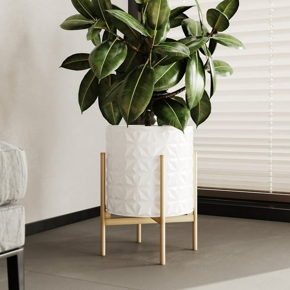 Geometric Metal Planter Pot With 4-Leg Gold Metal Base - White - 14.75"H x 11.75"W