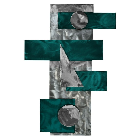 Geometric Metal Wall Art Decoration with Layers of Silver Tones & Bold Colors - Candy Teal