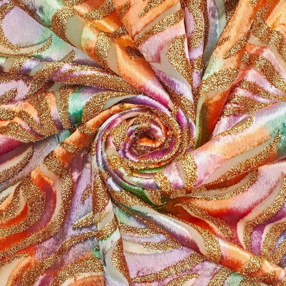 Geometric Metallic Polyester Velvet Burnout On Mesh 215 GSM 43/44 Inch Fabric By The Yard For Sewing Apparel, Upholstery, Décor, & More - Tropical Morning (10 Yards)