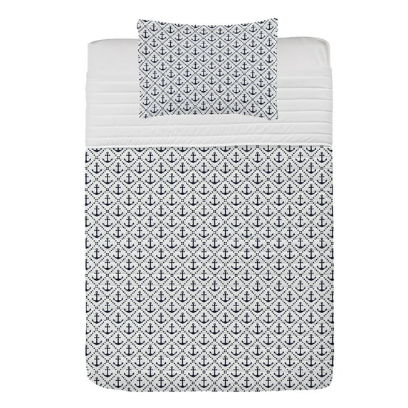 Geometric Microfiber Bedspread Set, Dotted Frames Anchors Pattern Chevron Style Zigzags Nautical Theme Image, Soft Bedding Set with Pillow Shams & Comforter, 3 Sizes, Dark Blue White, by Ambesonne