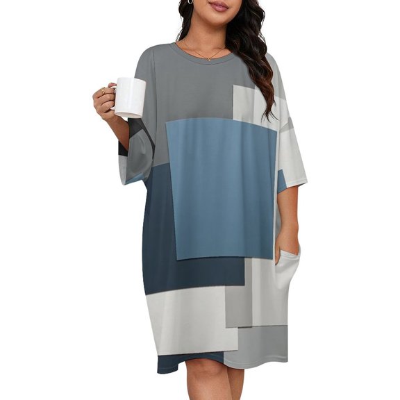 Geometric Modern Art Blue Gray Black Sleepshirts For Sleeping Travels Loose Sleepdress Pajama Dress Soft Nightdress Sleepwear