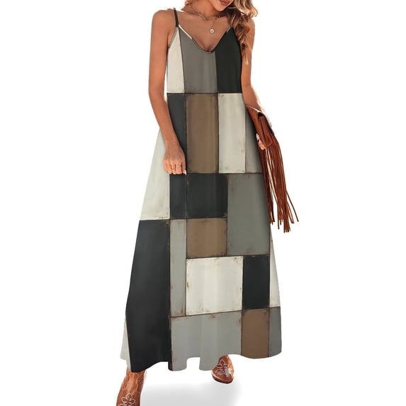 Geometric Modern Art Brown Gray Black Sleeveless Suspender Dress Summer Fashion Casual Long Dress