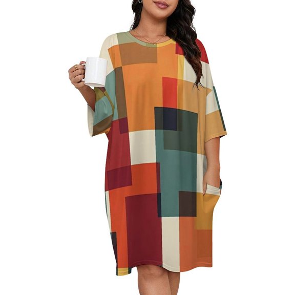 Geometric Modern Art Colorful Squares Sleepshirts For Sleeping Travels Loose Sleepdress Pajama Dress Soft Nightdress Sleepwear