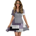 thumbnail image 1 of Geometric Modern Art Purple Gray Black Women Dress V-Neck Short Sleeve Flowy Swing Party Midi Dress, 1 of 4