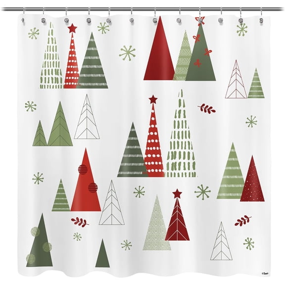 Geometric Modern Design Christmas Shower Curtain Christmas Tree Bathroom Home Office Holiday Wall Decoration as Tapestry and Photo Booth Backdrop Red Green White Printed