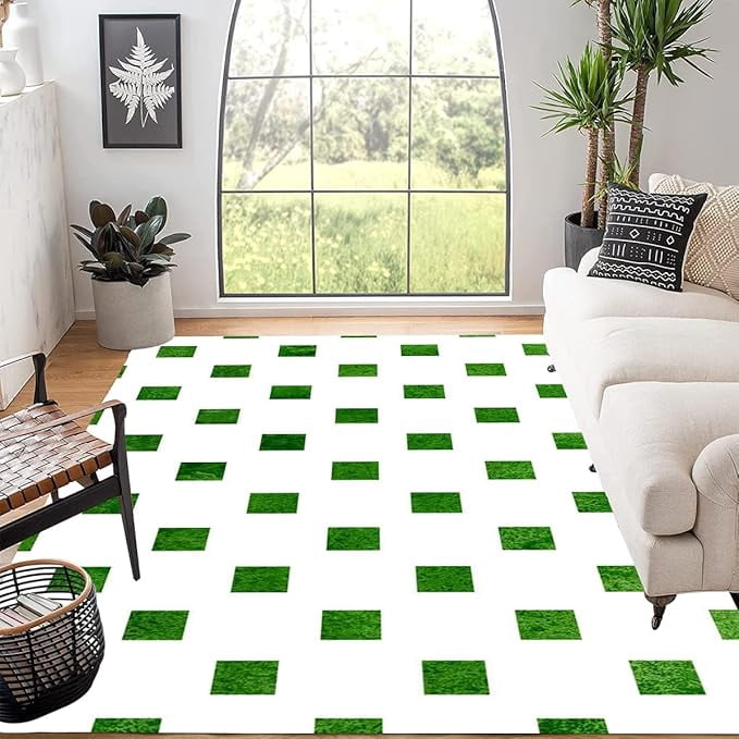 Geometric Modern Green White Area Rug Non-Shedding Soft Carpet For ...