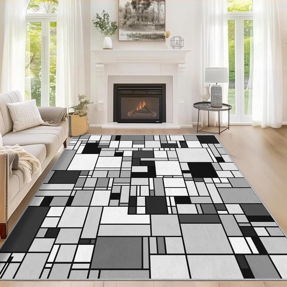 Geometric Mondrian Area Rug Abstract Color Block Carpet Washable Non Slip Soft Living Room Bedroom Entrance Mat 5x8ft