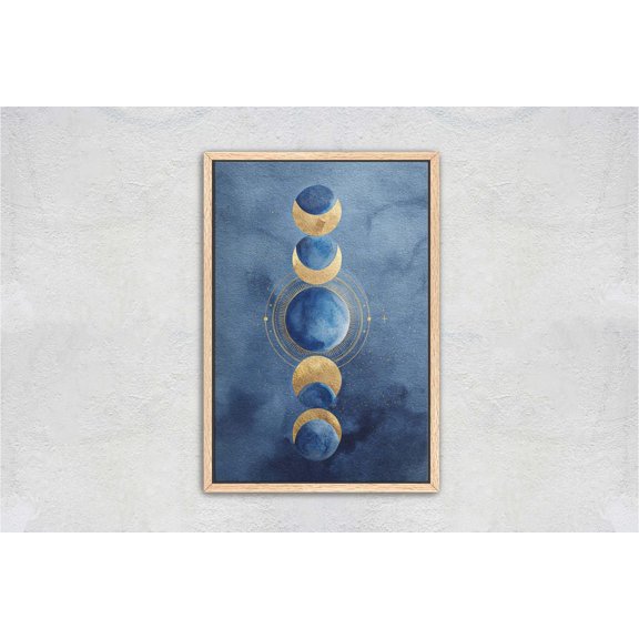 Geometric Moon Phase Navy Blue Celestial Lunar Cycle Wall Decor Unframed Paper Print