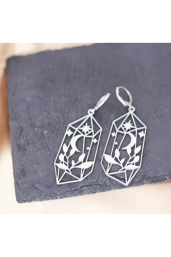 Geometric Moon Star Leaves Huggie Hoop Earrings Fashion Stainless Steel Celestial Mystical Witchy Magic Jewelry Gift