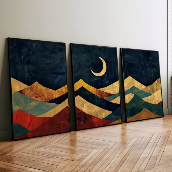 Geometric Moon and Mountains Landscape Nature Wall Art Moodie Livingroom Boho Set 3 Unframed Paper Print