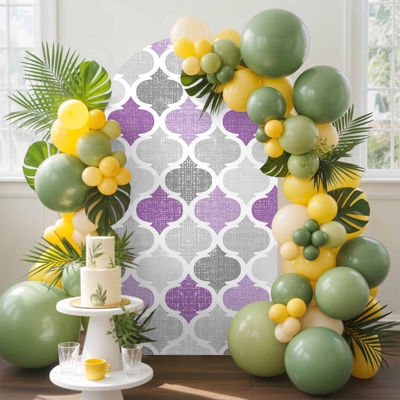 Geometric Morocco Arch Backdrop Cover, 4FT, Quatrefoil Lattice Purple Grey Spandex Arch Covers Double-Sided Backdrop for Wedding Birthday Party Photo Background Decoration
