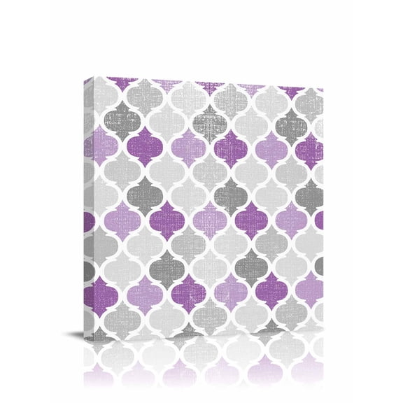 Geometric Morocco Canvas Wall Art, Quatrefoil Lattice Purple Grey Framed Wall Decor Modern Artwork Prints Painting for Living Room, Bedroom, Kitchen & Cafe Decor 8x8 Inch