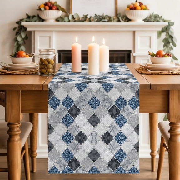 Geometric Morocco Dining Table Runner, Damask Leaf Slate Blue Grey French Country Washable Table Runners Kitchen Coffee Table Center Decor for Home Party Holiday Wedding 13 x 36 Inches