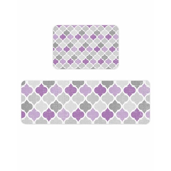 Geometric Morocco Kitchen Mats for Floor 2 Piece, Quatrefoil Lattice Purple Grey Absorbent Non-Slip Kitchen Rugs Comfort Standing Mat for Laundry, Hallways 15.7"x23.6"+15.7"x47.2"