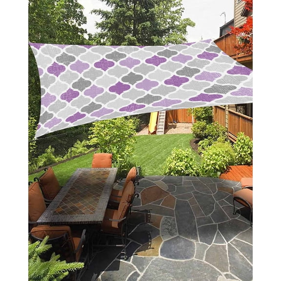 Geometric Morocco Waterproof Sun Shade Sail Quatrefoil Lattice Purple Grey Outdoor Patio Sun Shades Canopy UV Block Waterproof Sunshade for Garden Backyard Deck Pergola 6.5x10 Ft