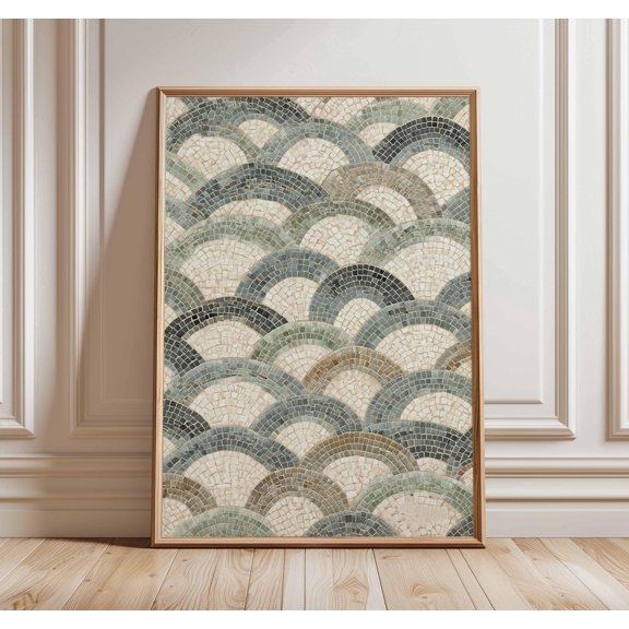 Geometric Mosaic Art Print Abstract Tile Design Neutral Blue Home Decor Office Wall Art