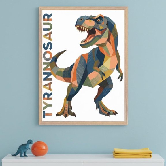 Geometric Mosaic T Rex Dinosaur Wall Decor Unframed Paper Print