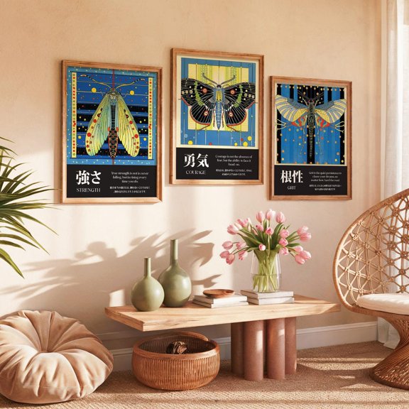 Geometric Moth Art Print Strength Courage Grit Set 3 Stretched Canvas 8x12