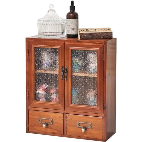 Geometric Motif Mahogany Storage Cabinet with Floral-Embossed Pressed Glass Doors Victoria Floral Patterned Display Cupboard with 2 Drawers for Kitchen, Pantry and Countertop Organization