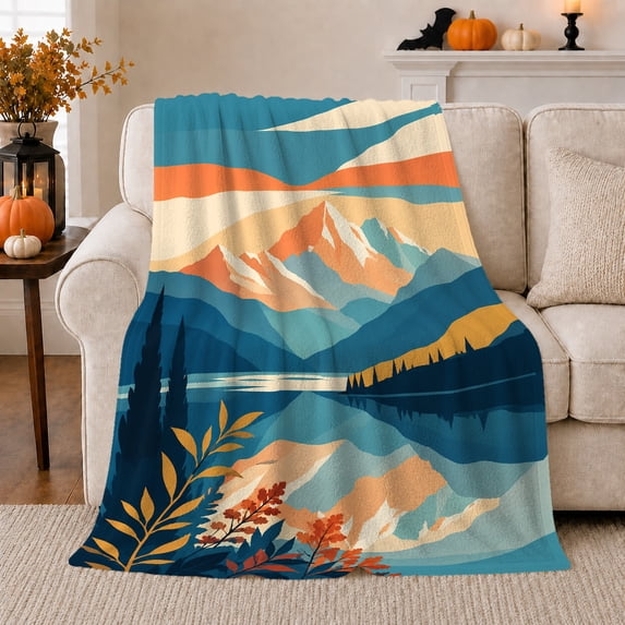 Geometric Mountain Lake Retro National Park Landscape, Peaceful Mountain Lake Scene, Warm Flannel Blanket for Cabin and Lodge, Outdoor Lovers Camping Gift, Artistic Home Decor