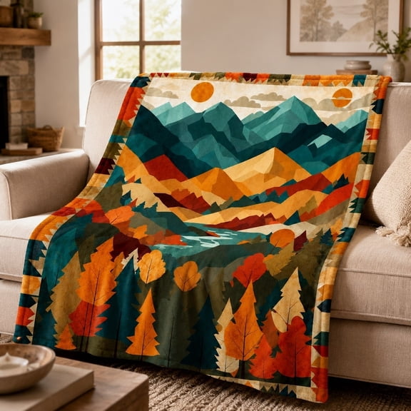 Geometric Mountain Landscape Fleece Throw Blanket, Soft 280 Gsm Polyester, Modern Decor for Couch, Sofa & Bed