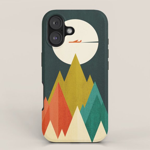 Geometric Mountain Peaks and Sun Tough Case for Apple iPhone, Polycarbonate Shell with Shock-Absorbing TPU Liner
