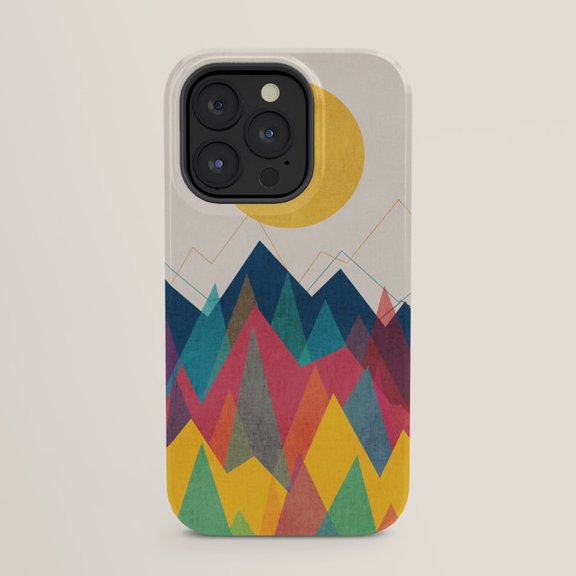 Geometric Mountain Peaks and Sun Tough Case for Apple iPhone, Polycarbonate Shell with TPU Liner