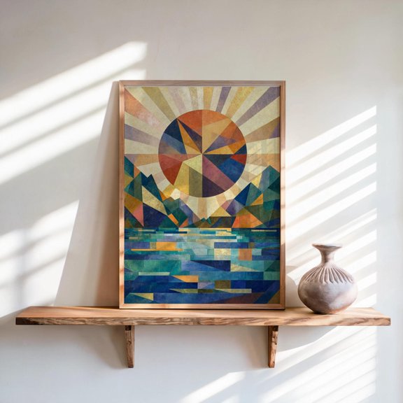 Geometric Mountain Sunset Wall Art Print, Vibrant Mid Century Modern Decor