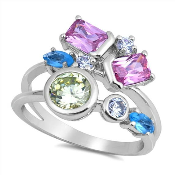 Geometric Multi-color Cubic Zirconia Ring .925 Sterling Silver Band Jewelry Female Male Size 7
