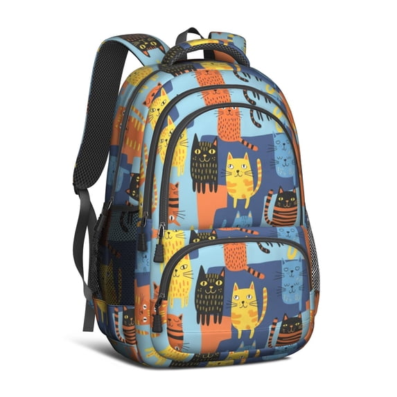 Geometric Multicolor Cat Blue Pattern Backpack for School, Cute School Bag with Adjustable Shoulder Straps and Padded Back, 16.9"x12.6"x5.9"