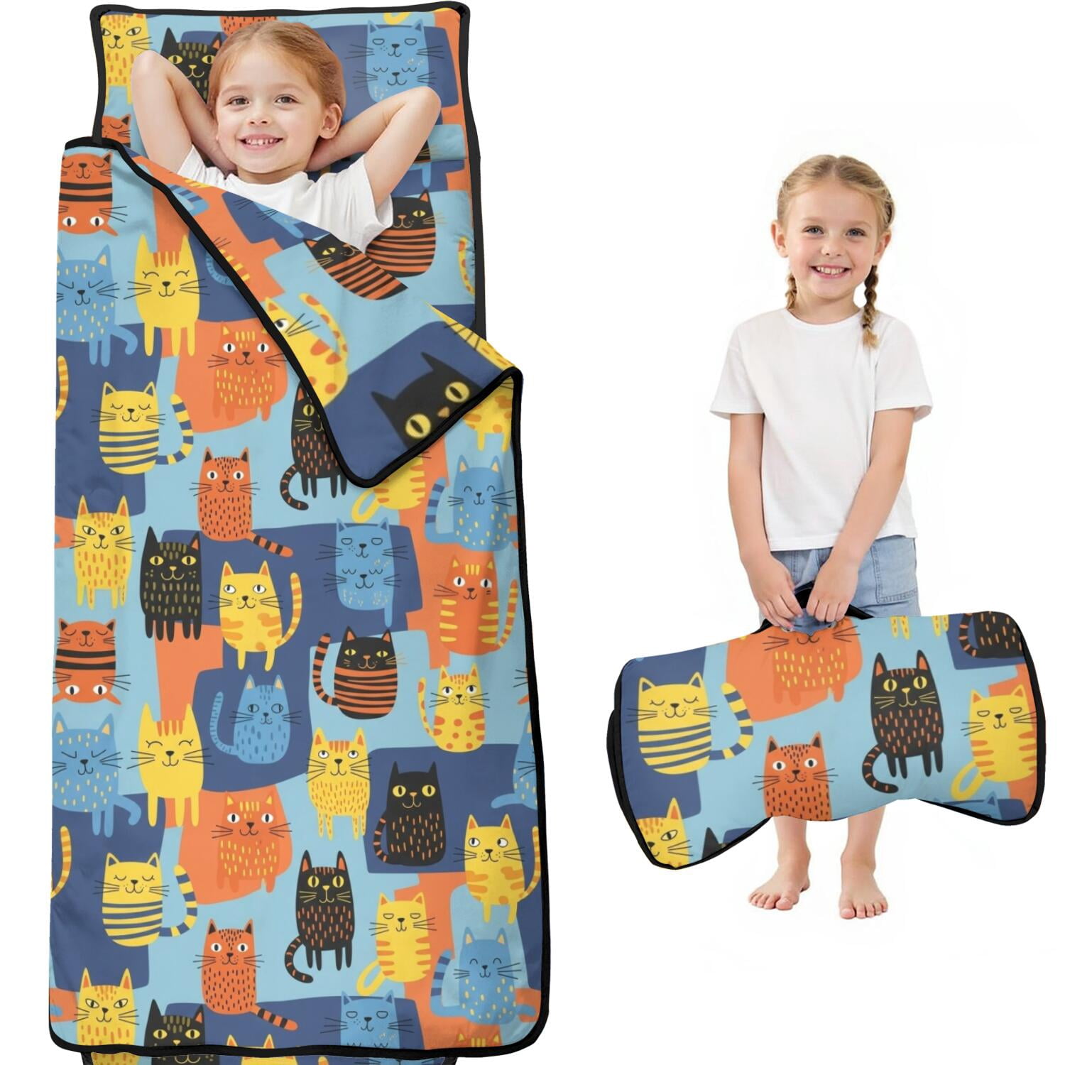 Geometric Multicolor Cat Blue Pattern Kids Nap Mat, All-in-One Nap Pad ...