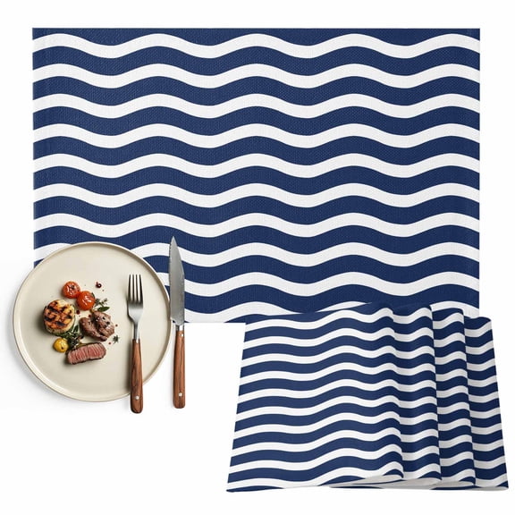 Geometric Nautical Striped Pattern Placemats Set of 12, Navy Blue White Wave Pattern Table Mats Washable Heat-Resistant Non-Slip Place Mats for Kitchen Dinner Table Indoor Outdoor Decor,13x19 Inch