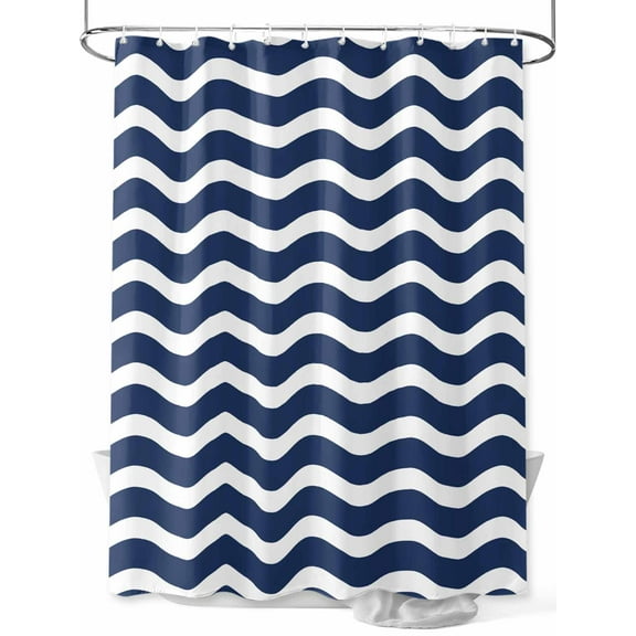 Geometric Nautical Striped Pattern Shower Curtain, Navy Blue White Wave Pattern Bathroom Decor Curtains Set with Hooks, Waterproof Fabric Home Accessories, 72 X 78 Inch Long