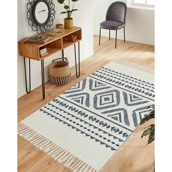 Geometric Navy Blue Area Rug 3x5ft Woven Runner Rug,Boho Stripe Retro Farmhouse Texture Washable Living Room Hallway Bedroom Kitchen Carpet with Tassels,Indoor Outdoor Throw Door Mat for Entryway
