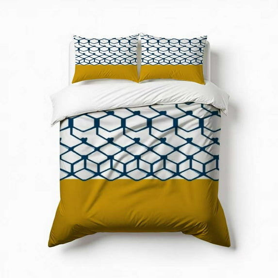 Geometric Navy Gold Pattern Design Bedding Set 3 Pcs Soft Microfiber Quilt Cover For Bedroom Decor, Comforter Cover With 2 Pillowcase