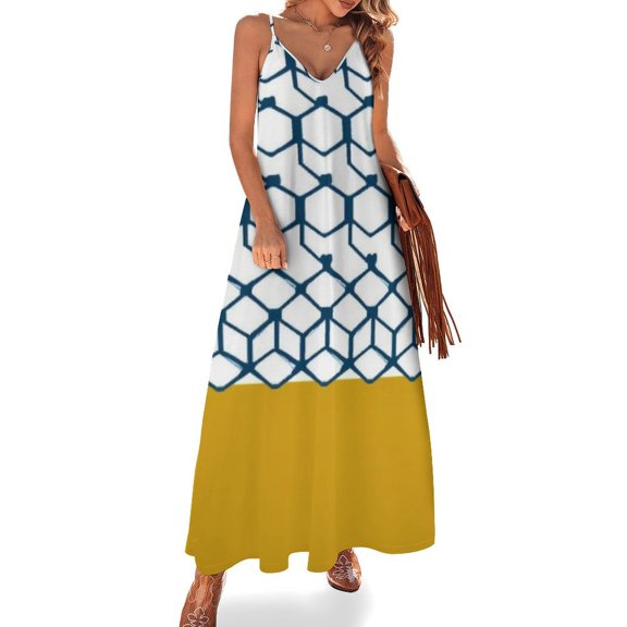 Geometric Navy Gold Pattern Design Sleeveless Dress Loose Women's Dress Dresses Luxury Evening Dresses