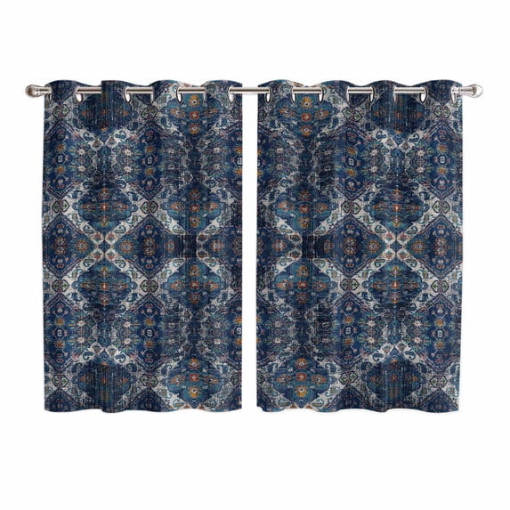 Geometric Navy Kitchen Curtains 63 Inch Length, Blue Contemporary Country Boho Flower Grommet Top Bedroom Living Room Curtains, Light Filtering Cafe Curtain Drapes 2 Panels Set 104''x63''