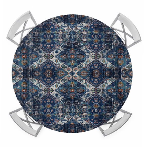 Geometric Navy Round Tablecloth for 36-44 Inch Tables,Fitted Table Cover with Elastic Edge,Blue Contemporary Country Boho Flower Waterproof Outdoor Table Cloth Protector for Patio Garden Dinner