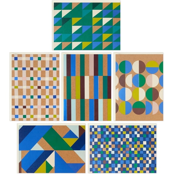 Geometric Note Card Assortment (24 Blank Cards with Envelopes) Blue Foil, Green, Yellow, Kraft Brown