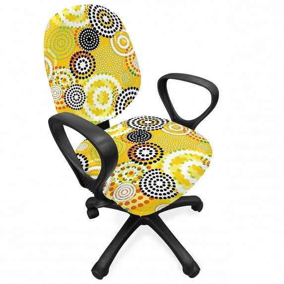 Geometric Office Chair Slipcover, Retro Unusual Psychedelic Style Ring Shaped Dots and Spots in Various Colors Image, Protective Stretch Decorative Fabric Cover, Standard Size, Mustard, by Ambesonne
