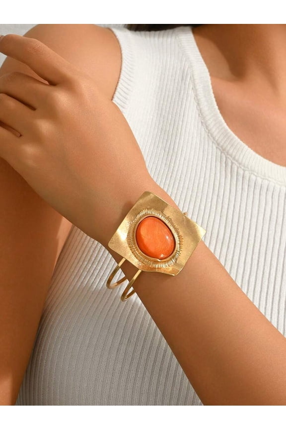 Geometric Open Cuff Bangle Bracelet In Yellow Gold With Orange Stone
