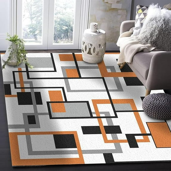 Geometric Orange Black Grey Checkered Area Rug, Retro Abstract Middle Century Decorative Rug, Carpet With Anti-Slip Backing For Bedroom Living Room Dining Room Office 5 x 6ft