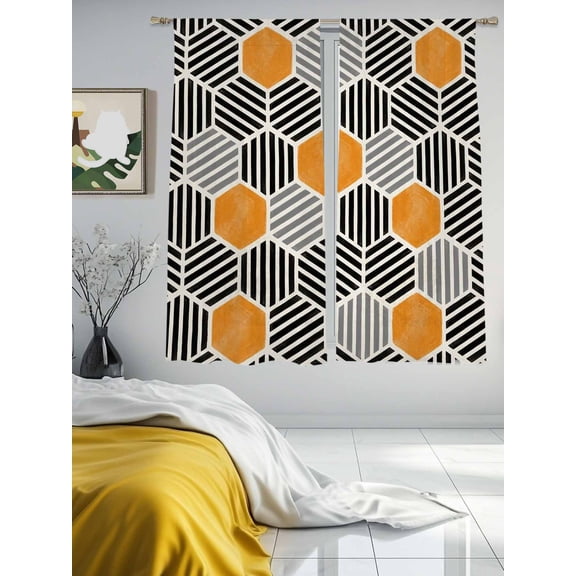 Geometric Orange Black Hexagon Chiffon Sheer Curtains 63 Inches Long Modern Abstract Stripe Art Rod Pocket Window Curtains Voile Drapes Curtains for Living Room Bedroom,2 Panels