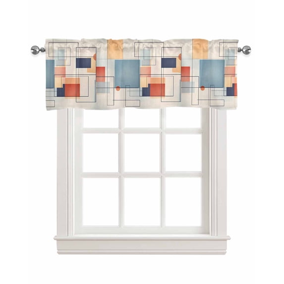 Geometric Orange Linen Curtain Valance for Bedroom/Bathroom/Kitchen/Office/Living/Dining Room Window,Vintage Blue Abstract Middle Century Rod Pocket Topper Decorative Cafe Drapes Panel 60"x18"