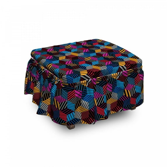 Geometric Ottoman Cover, 3D Cube Stripes Style, 2 Piece Slipcover Set with Ruffle Skirt for Square Round Cube Footstool Decorative Home Accent, Standard Size, Multicolor, by Ambesonne